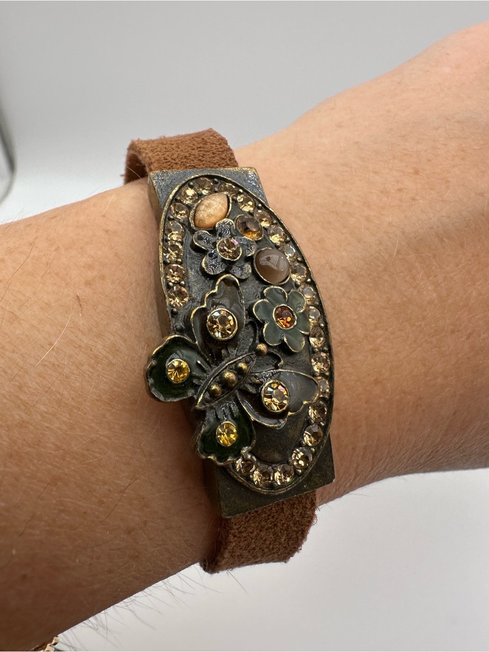 Lia Sophia Brown Suede Cuff Bracelet Butterfly Floral Rhinestone Statement